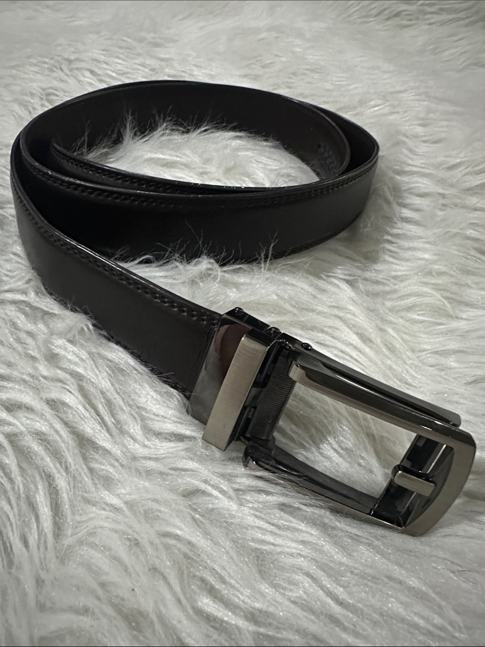 Men's Black Leather Belt with Polished Gunmetal Buckle
